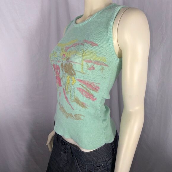 Vintage 1960s Mint Green Novelty Knit Tank Top | Scenic Bicycle Print Sleeveless - Picture 12 of 14
